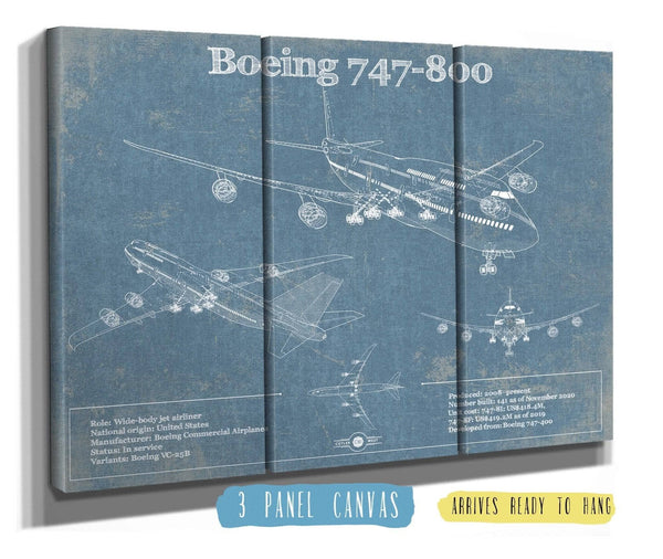 36" x 24" / 3 Panel Canvas Wrap Cutler West Boeing 747-800 Vintage Aviation Blueprint Print - Custom Pilot Name Can Be Added
