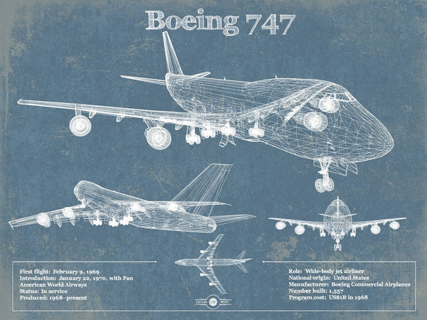 14" x 11" / Unframed Cutler West Boeing 747 Vintage Aviation Blueprint Print - Custom Pilot Name Can Be Added