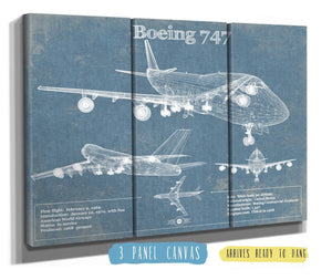 36" x 24" / 3 Panel Canvas Wrap Cutler West Boeing 747 Vintage Aviation Blueprint Print - Custom Pilot Name Can Be Added
