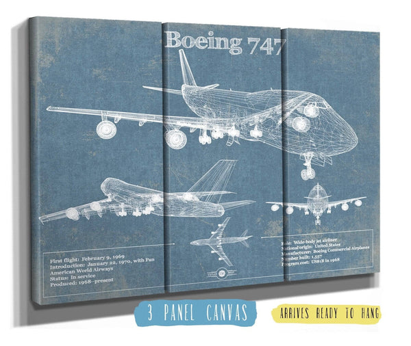 36" x 24" / 3 Panel Canvas Wrap Cutler West Boeing 747 Vintage Aviation Blueprint Print - Custom Pilot Name Can Be Added