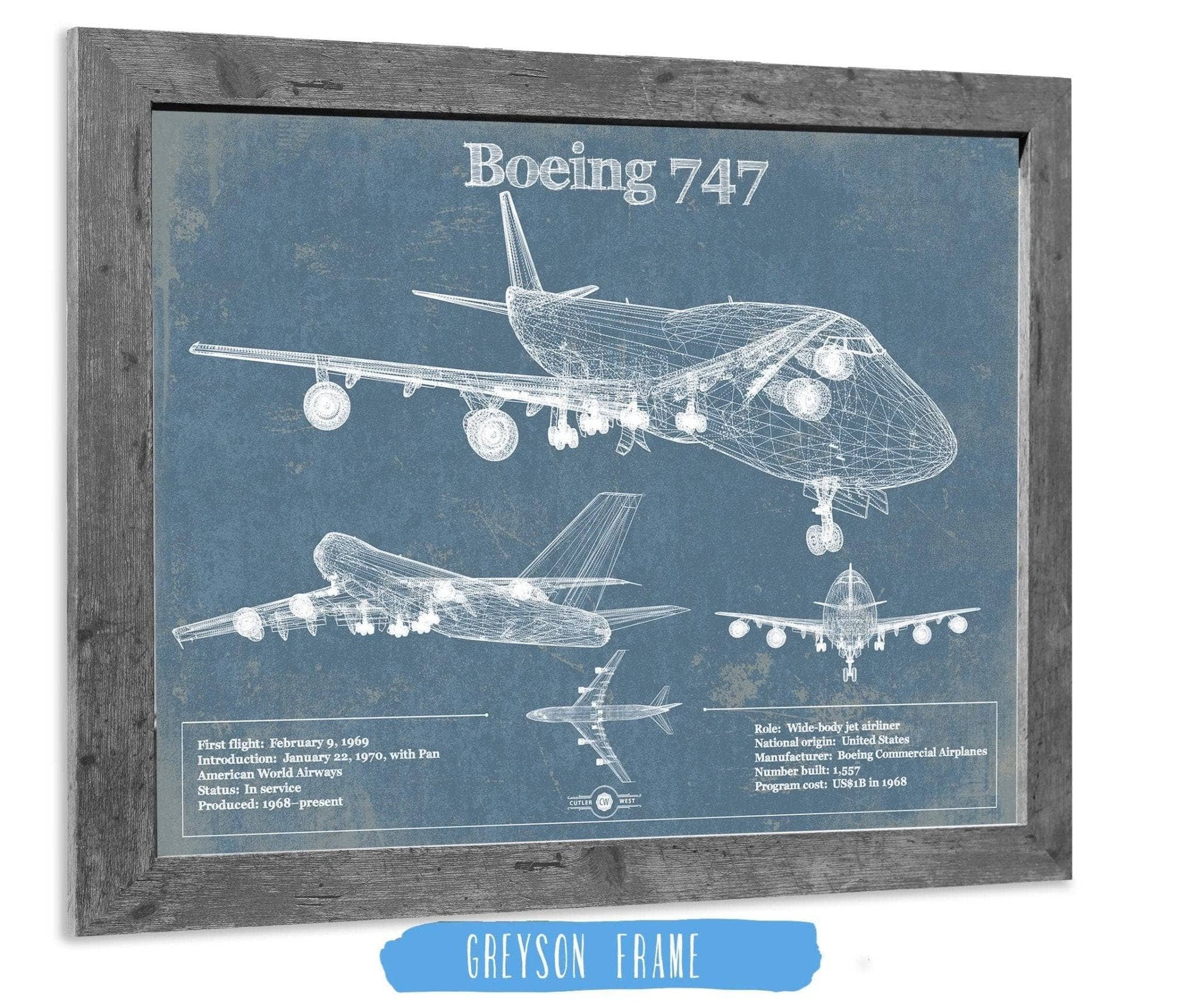 Cutler West Boeing Collection 14" x 11" / Greyson Frame Boeing 747 Vintage Aviation Blueprint Print - Custom Pilot Name Can Be Added 806363257-TOP