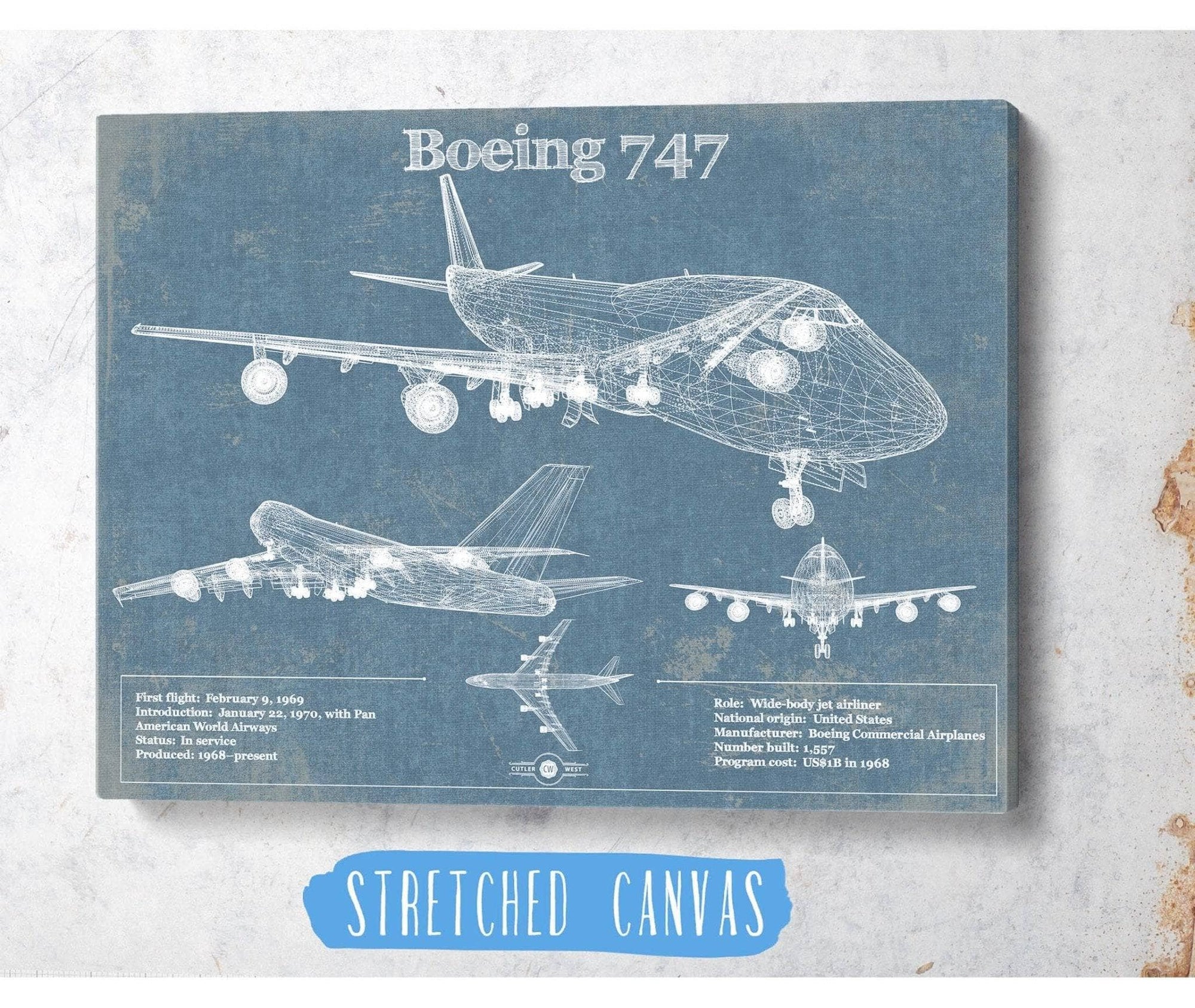 Cutler West Boeing Collection Boeing 747 Vintage Aviation Blueprint Print - Custom Pilot Name Can Be Added