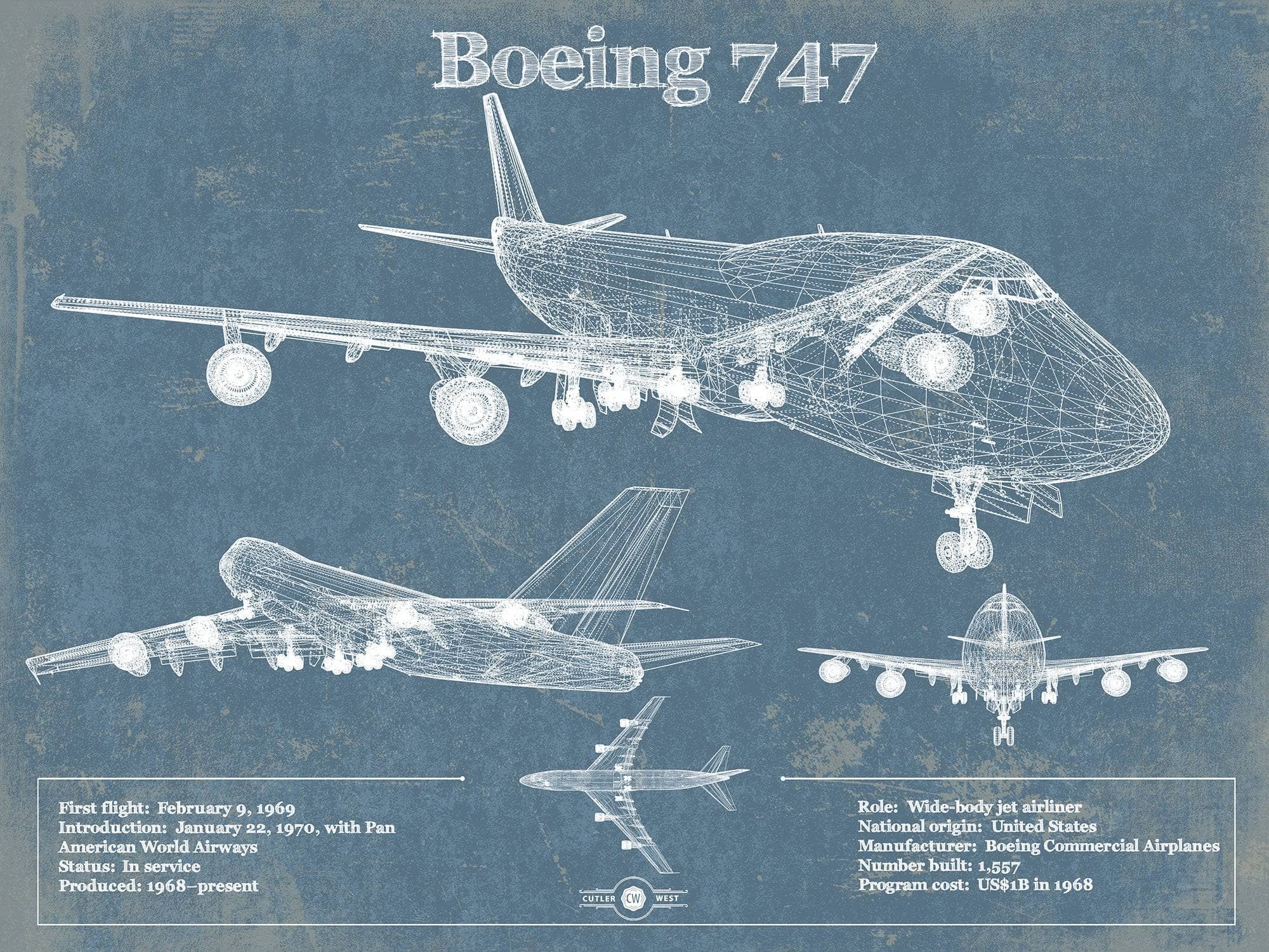 Cutler West Boeing Collection 14" x 11" / Unframed Boeing 747 Vintage Aviation Blueprint Print - Custom Pilot Name Can Be Added 806363257-TOP