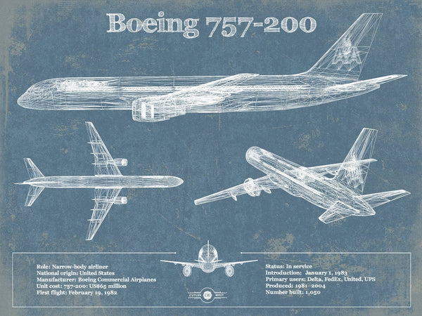 14" x 11" / Unframed Cutler West Boeing 757-200 Vintage Original Blueprint Art Print - Custom Pilot Name Can Be Added