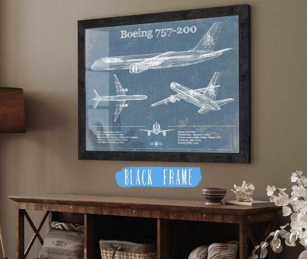14" x 11" / Stretched Canvas Wrap Cutler West Boeing 757-200 Vintage Original Blueprint Art Print - Custom Pilot Name Can Be Added