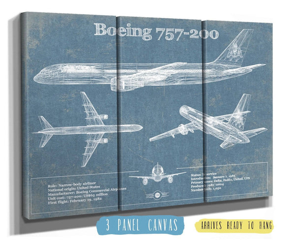 36" x 24" / 3 Panel Canvas Wrap Cutler West Boeing 757-200 Vintage Original Blueprint Art Print - Custom Pilot Name Can Be Added