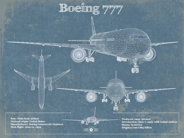14" x 11" / Unframed Cutler West Boeing 777 Vintage Aviation Blueprint Print - Custom Pilot Name Can Be Added