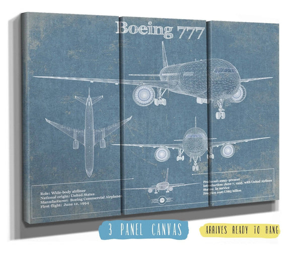 36" x 24" / 3 Panel Canvas Wrap Cutler West Boeing 777 Vintage Aviation Blueprint Print - Custom Pilot Name Can Be Added