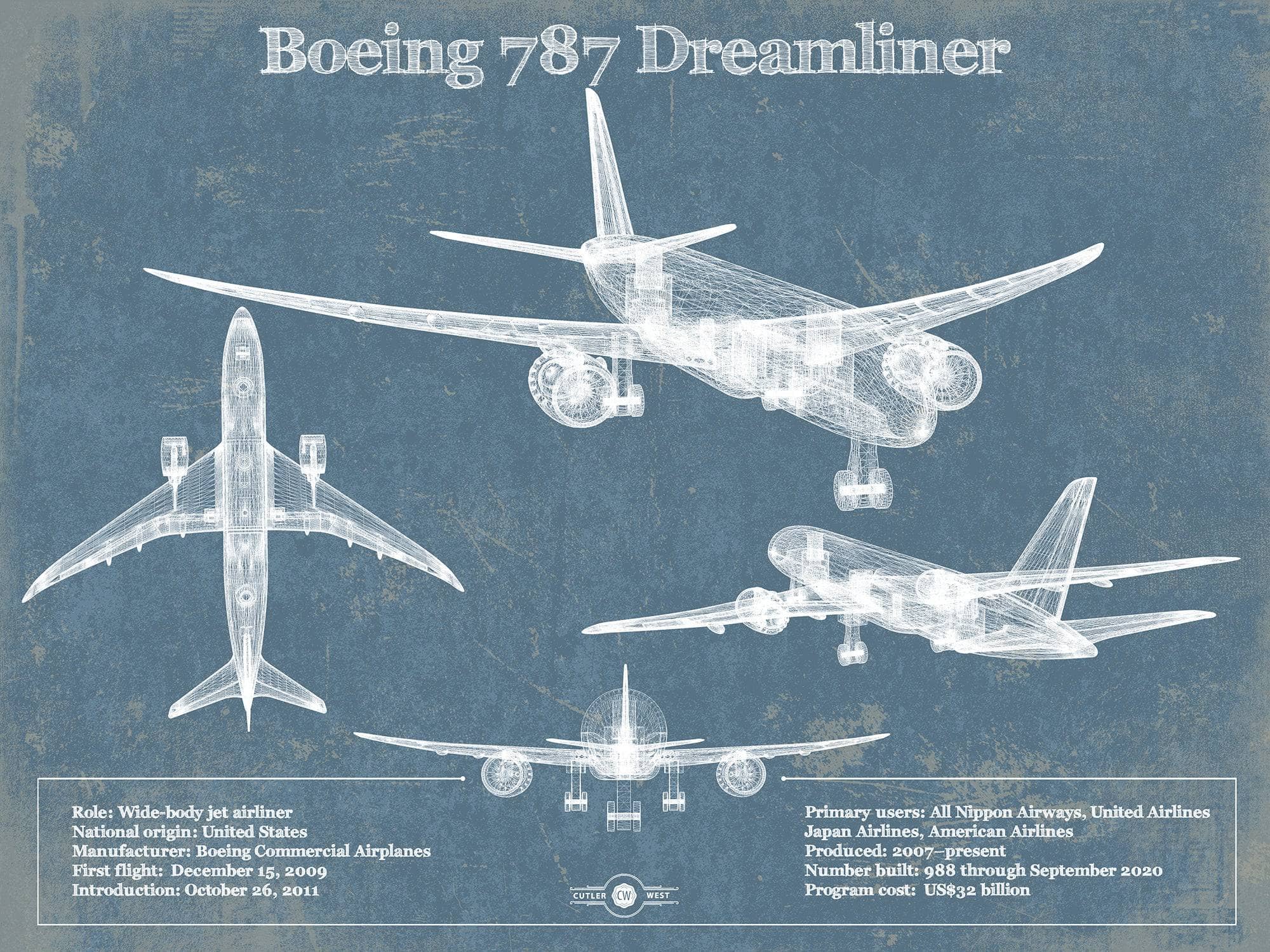 Boeing 787 Dreamliner Vintage Aviation Blueprint Art - Custom