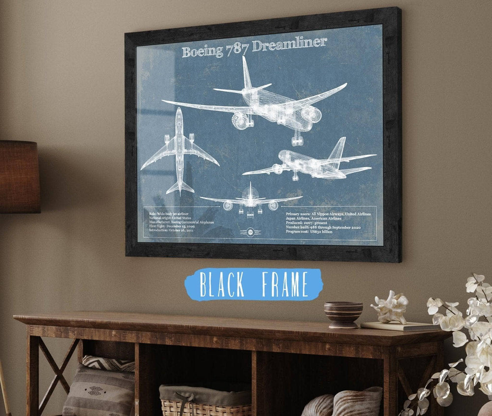 14" x 11" / Stretched Canvas Wrap Cutler West Boeing 787 Dreamliner Vintage Aviation Blueprint Print - Custom Pilot Name Can Be Added