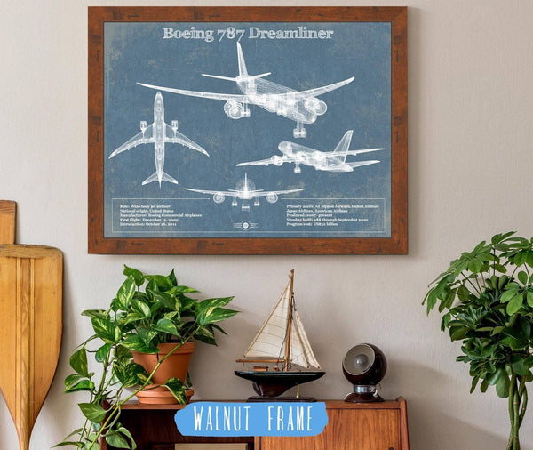 20" x 16" / Walnut Frame Cutler West Boeing 787 Dreamliner Vintage Aviation Blueprint Print - Custom Pilot Name Can Be Added