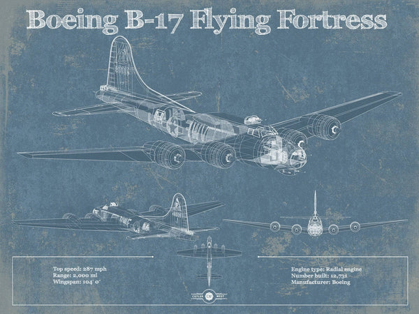 14" x 11" / Unframed Cutler West Boeing B-17 Flying Fortress  Vintage Aviation Blueprint - Custom Pilot Name Can Be Added