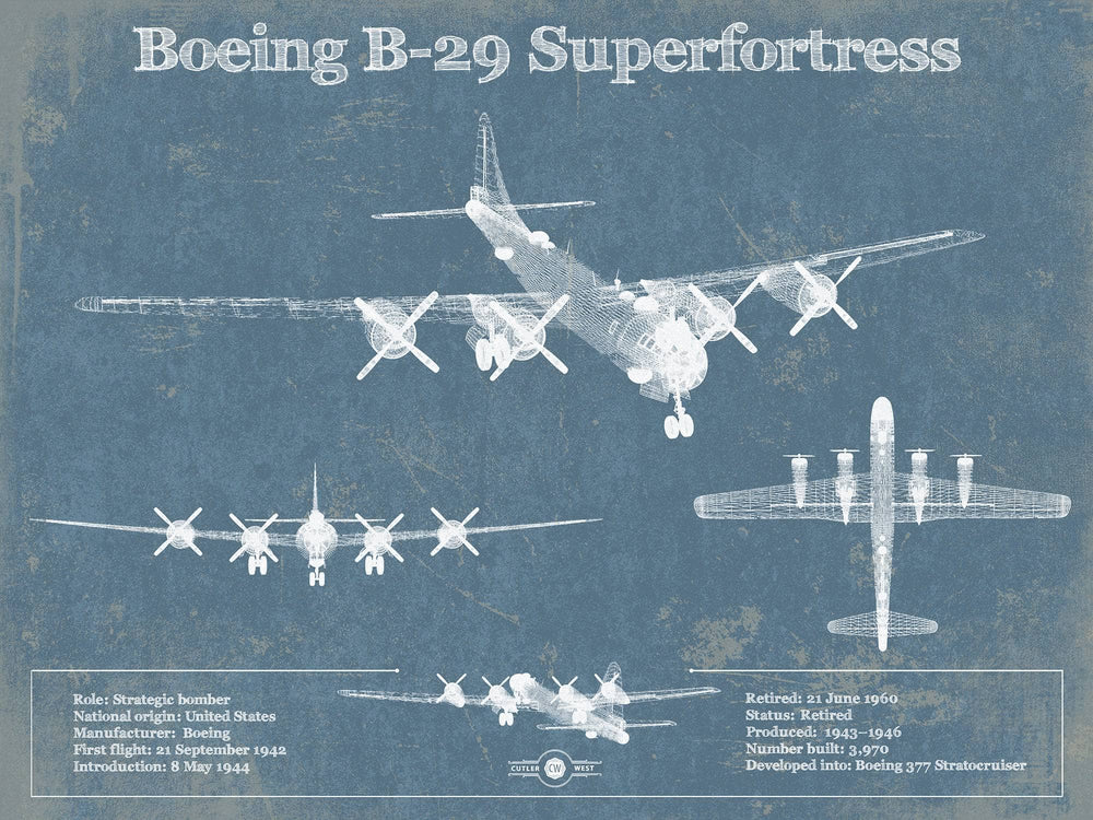 14" x 11" / Stretched Canvas Wrap Cutler West Boeing B-29 Superfortress Patent Blueprint Original Military Wall Art