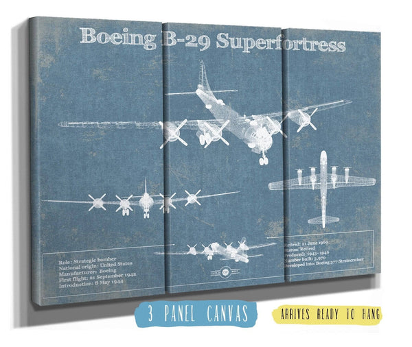 36" x 24" / 3 Panel Canvas Wrap Cutler West Boeing B-29 Superfortress Patent Blueprint Original Military Wall Art