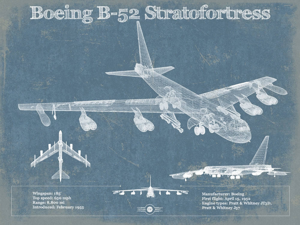 14" x 11" / Stretched Canvas Wrap Cutler West Boeing B-52 Stratofortress Patent Blueprint Original Military Wall Art