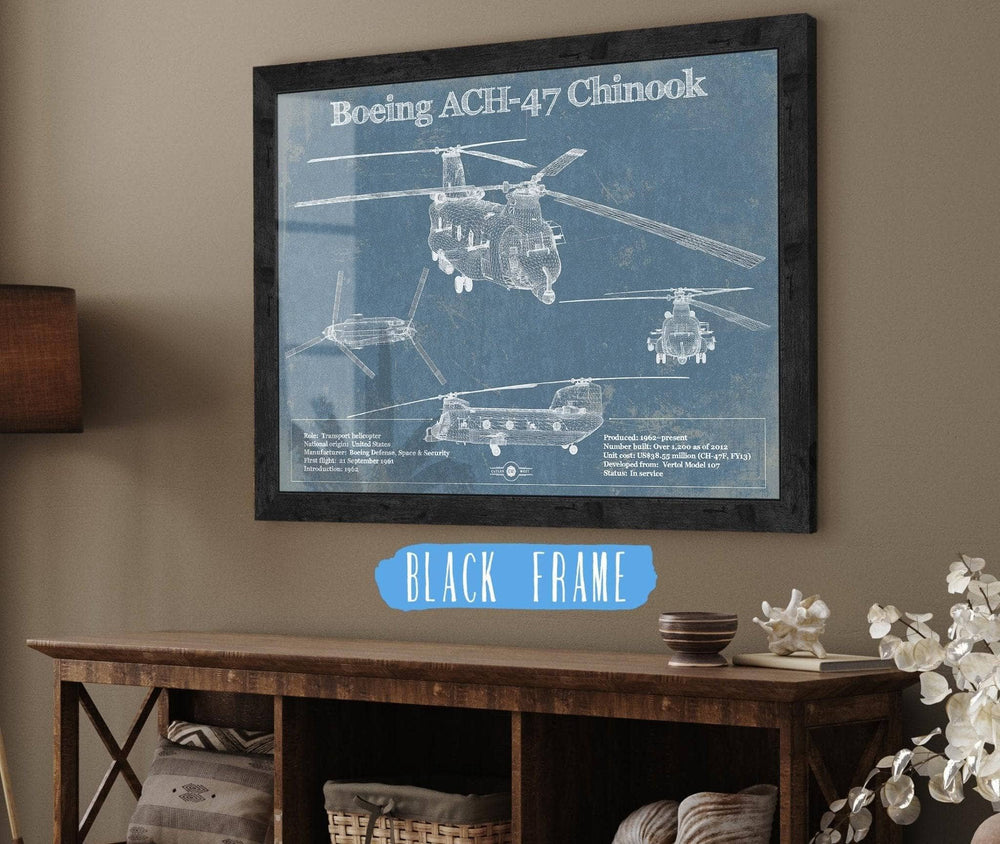14" x 11" / Stretched Canvas Wrap Cutler West Boeing CH-47 Chinook Helicopter Vintage Aviation Blueprint Military Print - Custom Pilot Name Can Be Added