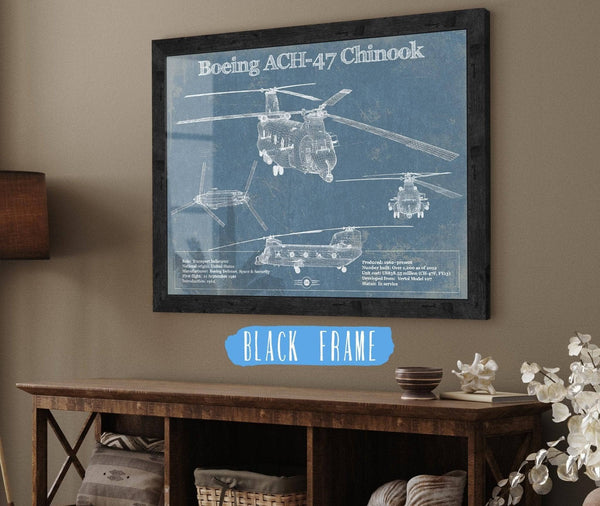 20" x 16" / Black Frame Cutler West Boeing CH-47 Chinook Helicopter Vintage Aviation Blueprint Military Print - Custom Pilot Name Can Be Added
