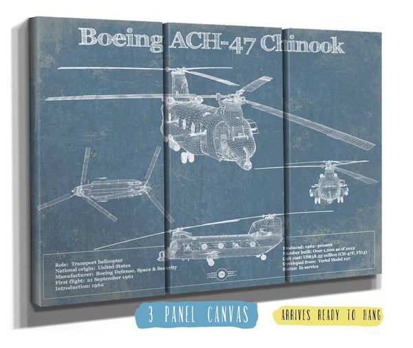 36" x 24" / 3 Panel Canvas Wrap Cutler West Boeing CH-47 Chinook Helicopter Vintage Aviation Blueprint Military Print - Custom Pilot Name Can Be Added
