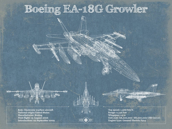 14" x 11" / Unframed Cutler West Boeing EA-18G Growler Vintage Aviation Blueprint Military Print - Custom Pilot Name Can Be Added