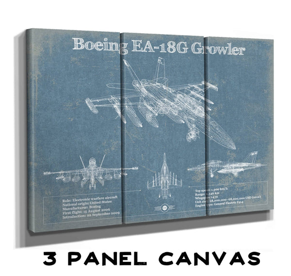 36" x 24" / 3 Panel Canvas Wrap Cutler West Boeing EA-18G Growler Vintage Aviation Blueprint Military Print - Custom Pilot Name Can Be Added