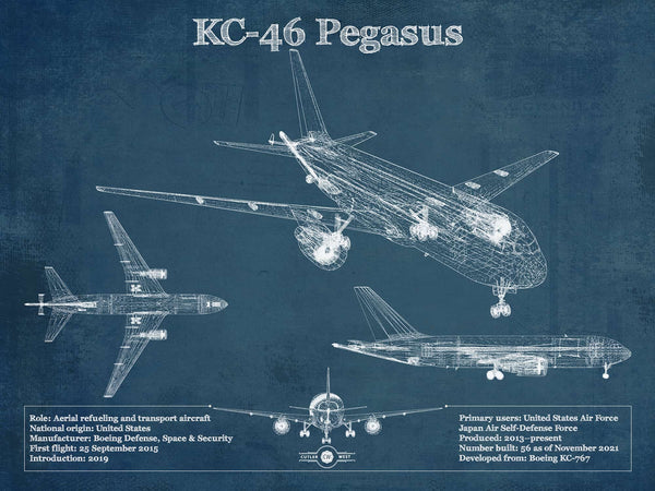 14" x 11" / Unframed Cutler West Boeing KC-46 Pegasus Vintage Aviation Blueprint Print - Custom Pilot Name Can Be Added