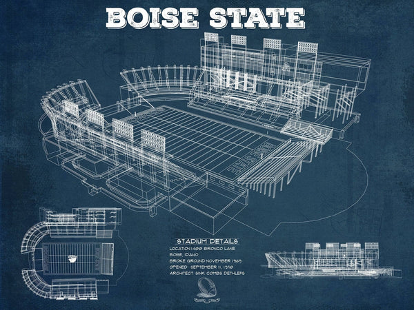 14" x 11" / Unframed Cutler West Boise State Broncos Art - Vintage Boise State Stadium Blueprint Art Print