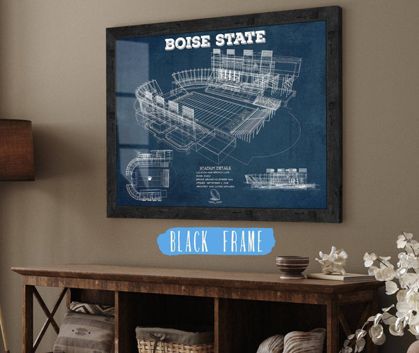 20" x 16" / Black Frame Cutler West Boise State Broncos Art - Vintage Boise State Stadium Blueprint Art Print