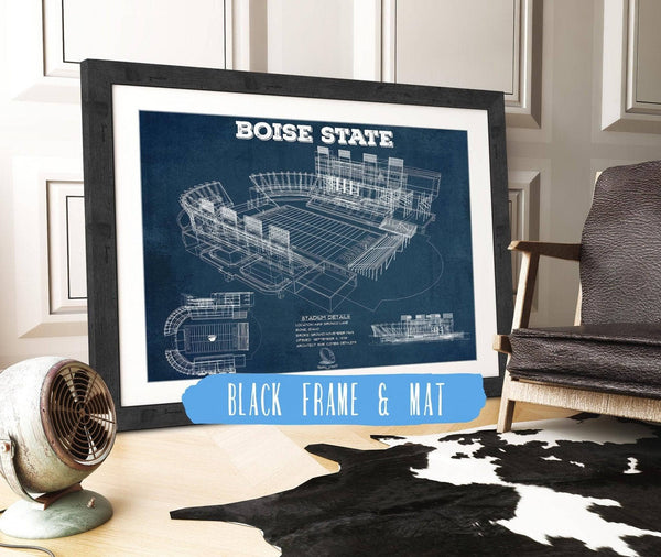 20" x 16" / Black Frame & Mat Cutler West Boise State Broncos Art - Vintage Boise State Stadium Blueprint Art Print