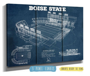 36" x 24" / 3 Panel Canvas Wrap Cutler West Boise State Broncos Art - Vintage Boise State Stadium Blueprint Art Print