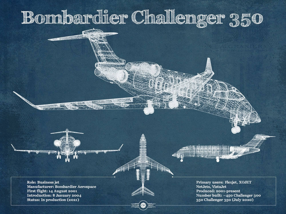 14" x 11" / Stretched Canvas Wrap Cutler West Bombardier Challenger 350 Vintage Aviation Blueprint Print - Custom Pilot Name can be Added