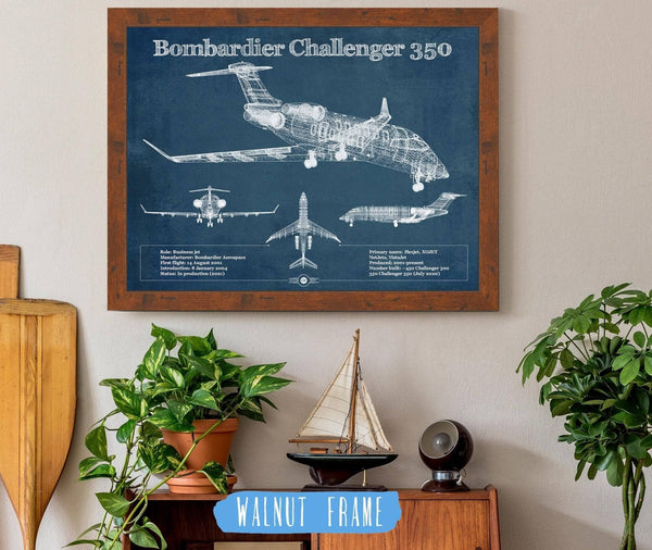 20" x 16" / Walnut Frame Cutler West Bombardier Challenger 350 Vintage Aviation Blueprint Print - Custom Pilot Name can be Added