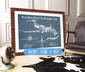 20" x 16" / Walnut Frame & Mat Cutler West Bombardier Challenger 350 Vintage Aviation Blueprint Print - Custom Pilot Name can be Added