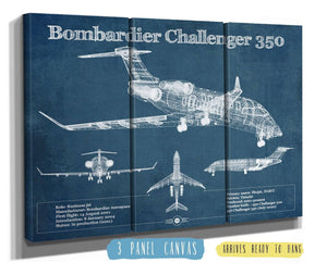36" x 24" / 3 Panel Canvas Wrap Cutler West Bombardier Challenger 350 Vintage Aviation Blueprint Print - Custom Pilot Name can be Added