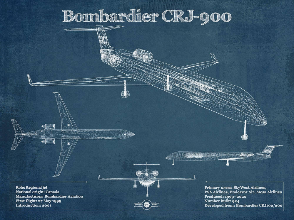 14" x 11" / Stretched Canvas Wrap Cutler West Bombardier CRJ-900 Vintage Aviation Blueprint Print - Custom Pilot Name can be Added