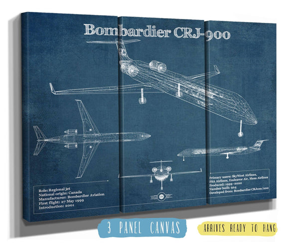 36" x 24" / 3 Panel Canvas Wrap Cutler West Bombardier CRJ-900 Vintage Aviation Blueprint Print - Custom Pilot Name can be Added