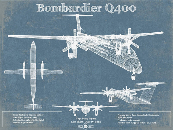 14" x 11" / Unframed Cutler West Bombardier Dash 8 - Q400 Vintage Aviation Blueprint Print