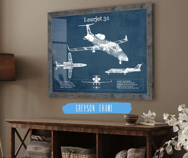 14" x 11" / Greyson Frame Cutler West Bombardier Learjet 31 (31A) Vintage Blueprint Airplane Print