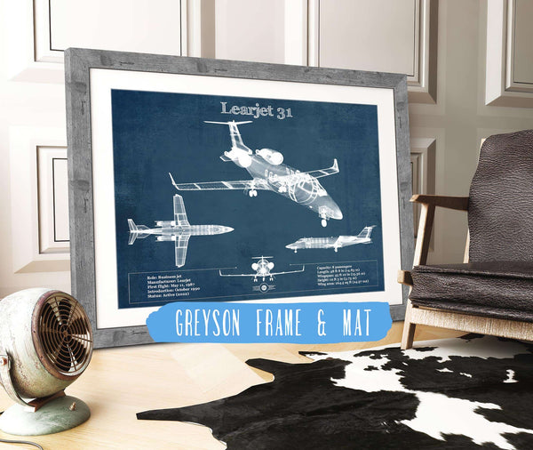 14" x 11" / Greyson Frame & Mat Cutler West Bombardier Learjet 31 (31A) Vintage Blueprint Airplane Print