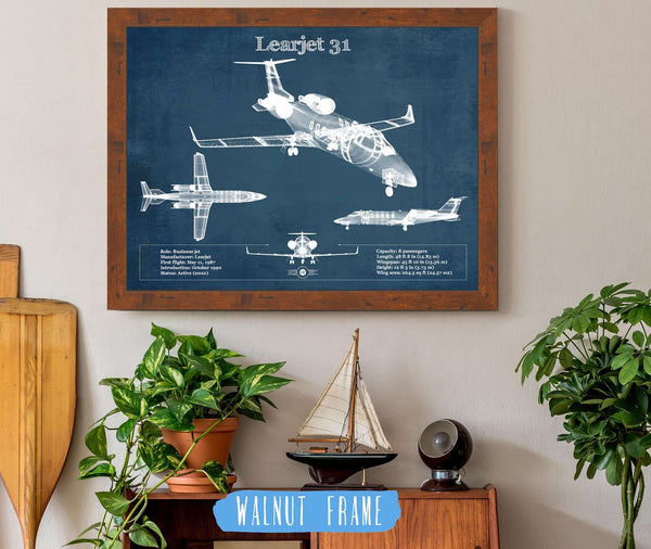 20" x 16" / Walnut Frame Cutler West Bombardier Learjet 31 (31A) Vintage Blueprint Airplane Print