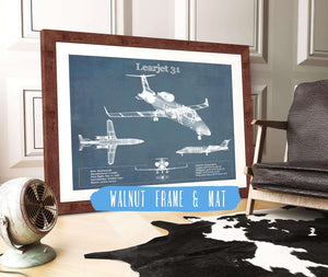 20" x 16" / Walnut Frame & Mat Cutler West Bombardier Learjet 31 (31A) Vintage Blueprint Airplane Print