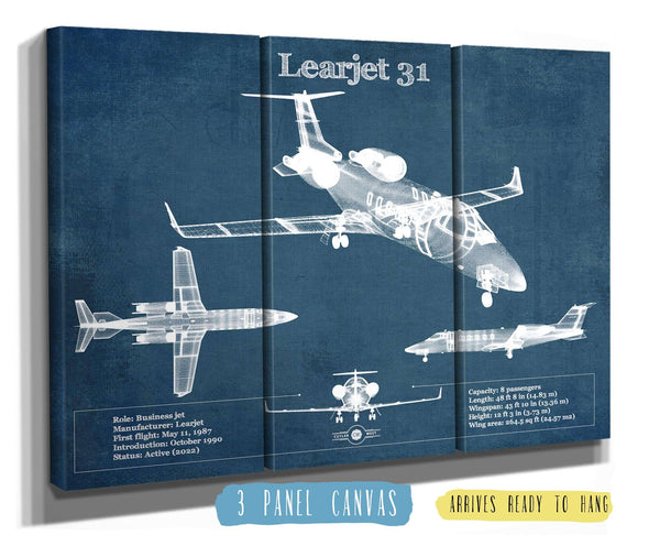36" x 24" / 3 Panel Canvas Wrap Cutler West Bombardier Learjet 31 (31A) Vintage Blueprint Airplane Print