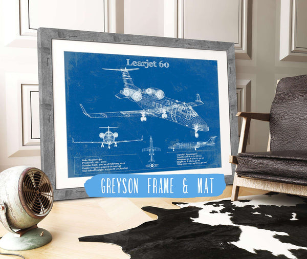 14" x 11" / Greyson Frame & Mat Cutler West Bombardier Learjet 60 Vintage Blueprint Airplane Print