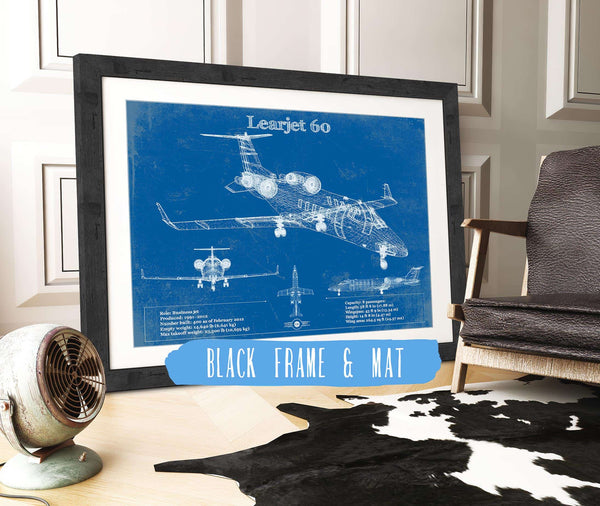 20" x 16" / Black Frame & Mat Cutler West Bombardier Learjet 60 Vintage Blueprint Airplane Print