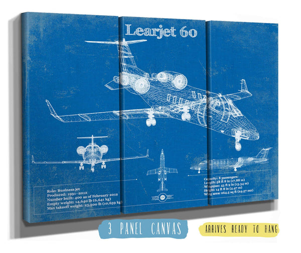 36" x 24" / 3 Panel Canvas Wrap Cutler West Bombardier Learjet 60 Vintage Blueprint Airplane Print