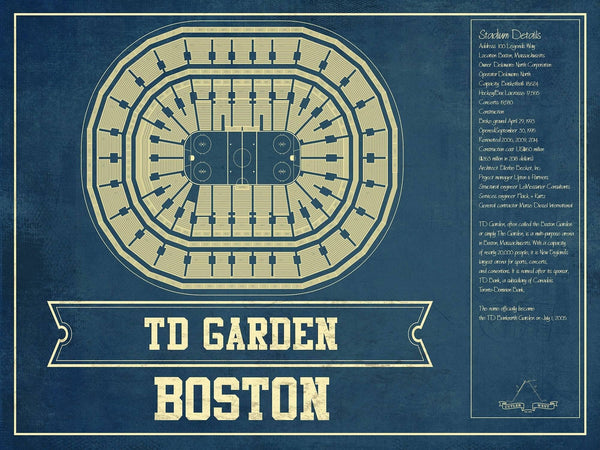14" x 11" / Unframed Cutler West Boston Bruins - TD Garden Vintage Hockey Blueprint NHL Print