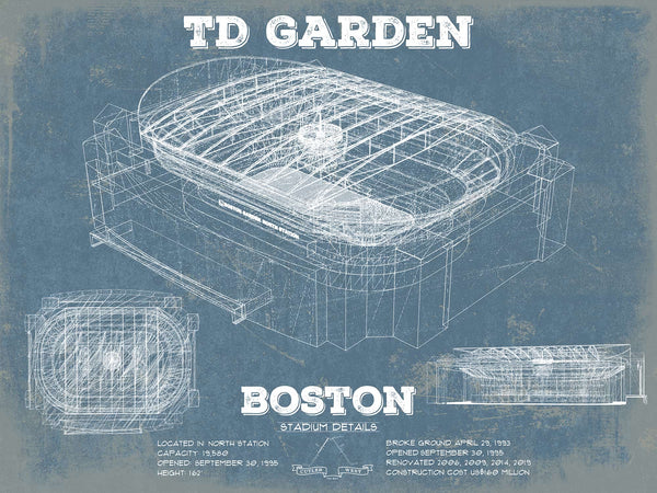 14" x 11" / Unframed Cutler West Boston Bruins - TD Garden Vintage Hockey Blueprint NHL Print