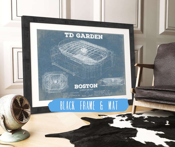 20" x 16" / Black Frame & Mat Cutler West Boston Bruins - TD Garden Vintage Hockey Blueprint NHL Print