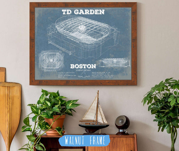 20" x 16" / Walnut Frame Cutler West Boston Bruins - TD Garden Vintage Hockey Blueprint NHL Print