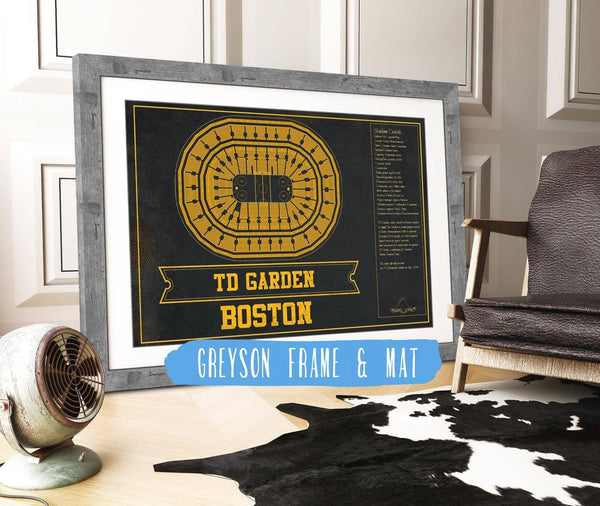 14" x 11" / Greyson Frame & Mat Cutler West Boston Bruins Team Colors - TD Garden Vintage Hockey Blueprint NHL Print