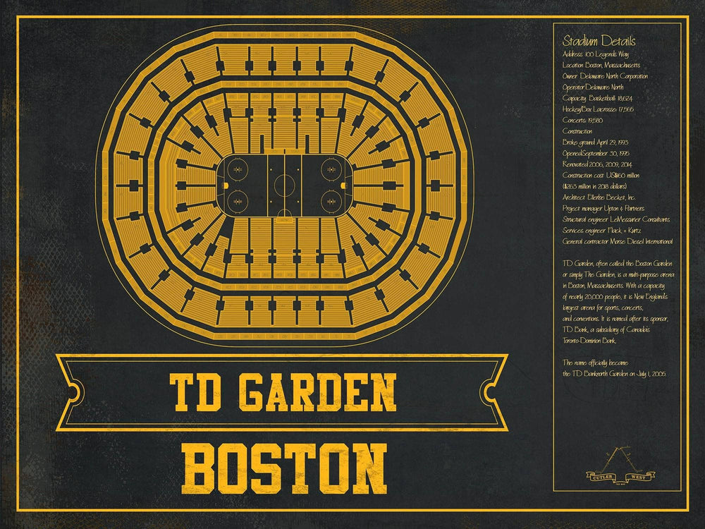 14" x 11" / Stretched Canvas Wrap Cutler West Boston Bruins Team Colors - TD Garden Vintage Hockey Blueprint NHL Print